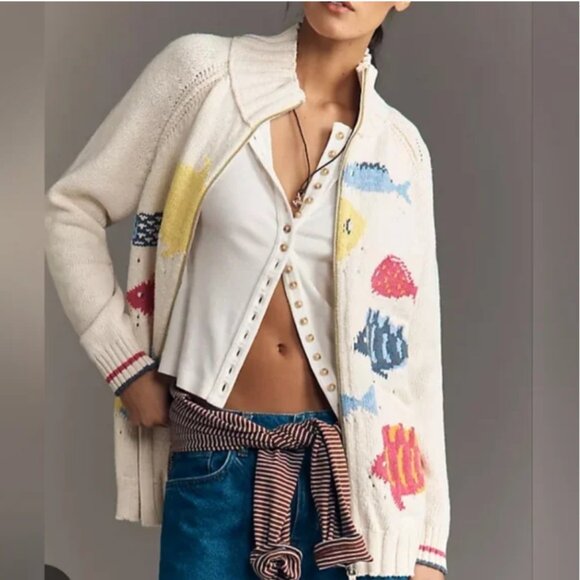 Anthropologie Pilcro Zipper Closure Knit Cardigan Fish Sweater size L - Picture 2 of 7